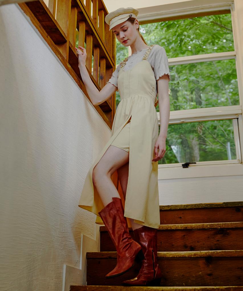 ETMON Back Point Ring Strap Dress Vanilla Yellow