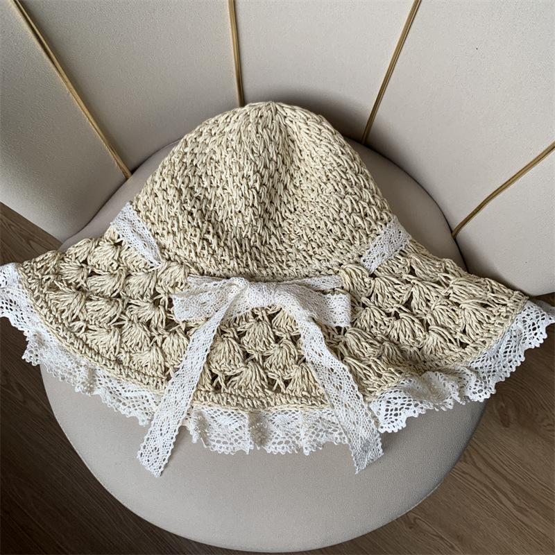 Foldable Lace Edge Sun Hat Woman Summer Straw Hat Handwoven Cute Bow Sunshade Hat for Vacation Beach Cap