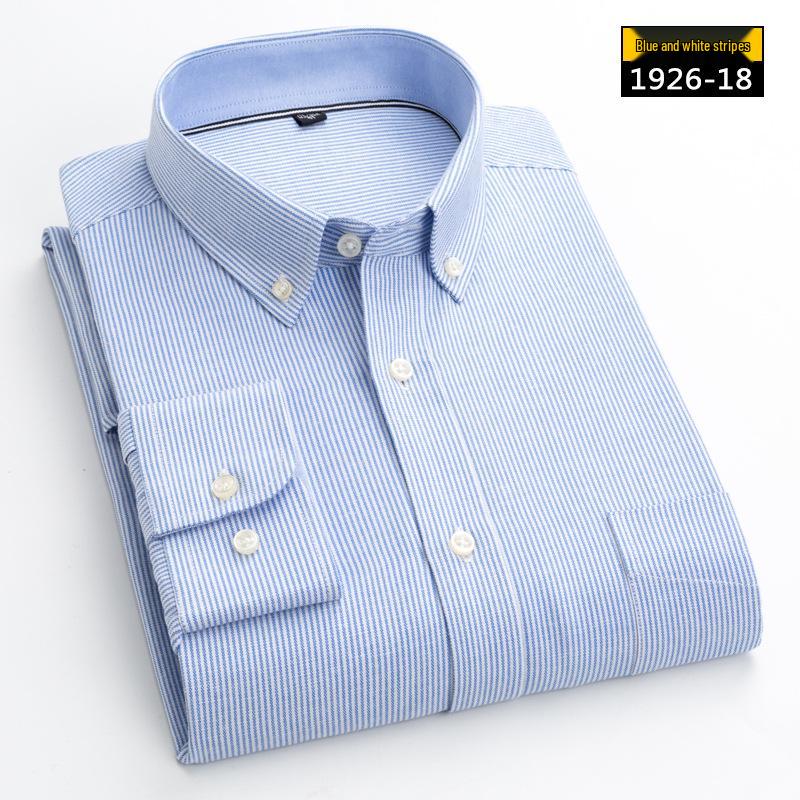 Men's Long Sleeve Washed Cotton Oxford Shirt - Slim Fit, Plaid, Iron-Free Stripes, Casual Style
