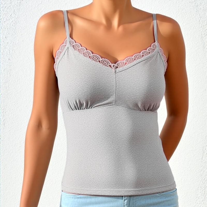 

Женская блузка с V-образным вырезом на бретельках, отделанная кружевом. Удобная, милая и сексуальная. S серый