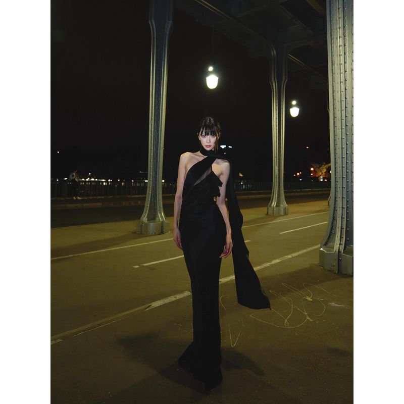 

1S Western Style Perspective Patchwork Scarf Streamer Halterneck Skirt Black Acetic Acid Satin Annual Meeting Birthday Fishtail Formal Dress Black 160/84A