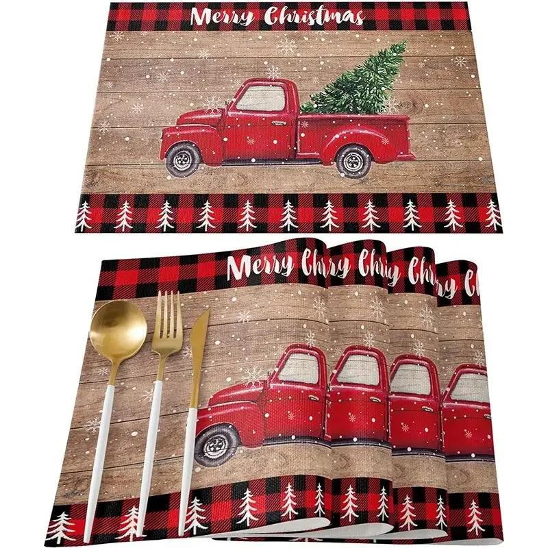 1PC Merry Christmas Placemats Linen Table Mats Washable Buffalo Plaid Farm Xmas Tree Placemat for Party Kitchen Table Decor