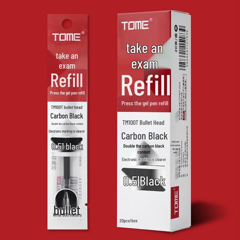 TOME 100T Exam Pen Refill 0.5mm - Clickable Neutral Bullet Tip, Black Ink for Students.