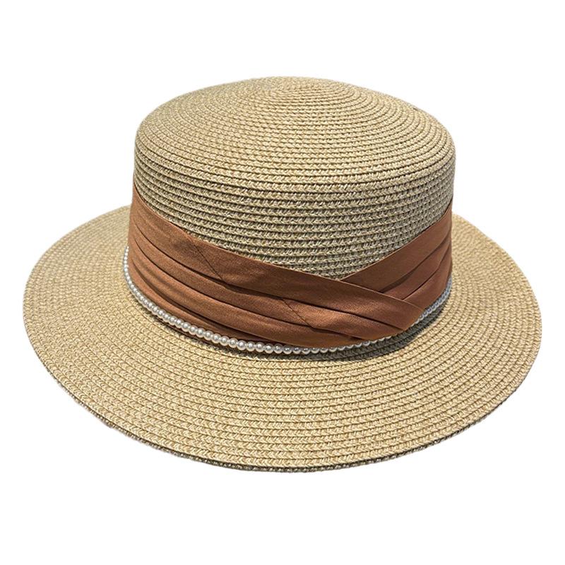 French Elegant Pearl Chain Flat Top Straw Hat Women's Spring and Summer Sunscreen Hat Seaside Vacation Sun Hat Versatile Top Hat