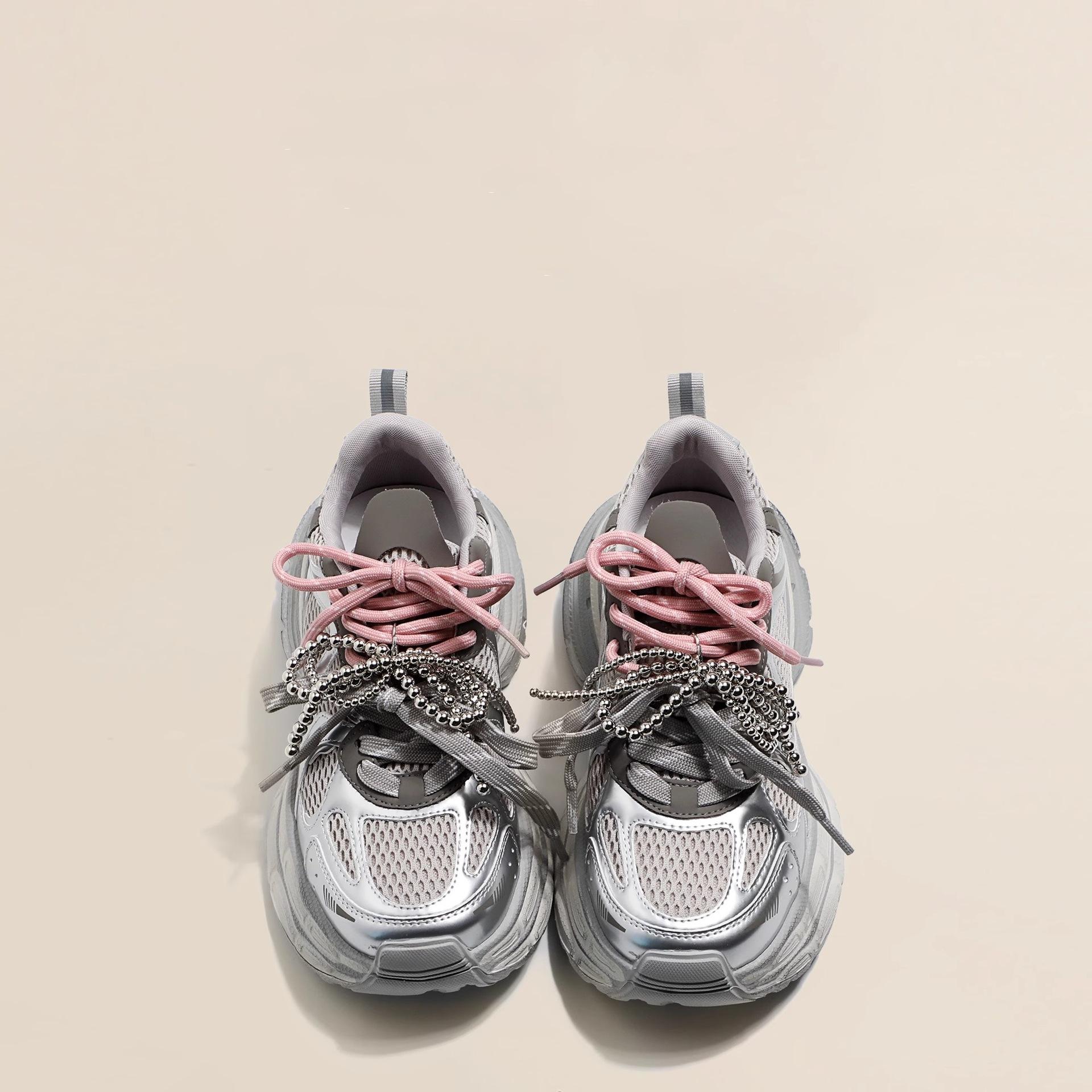 

Gu Yunshu Кросівки татові жіночі Весна 2025 Нові на товстій підошві для збільшення зросту Дихаюча сітка Подвійні шнурки Повсякденні кросівки жіночі 40 срібний