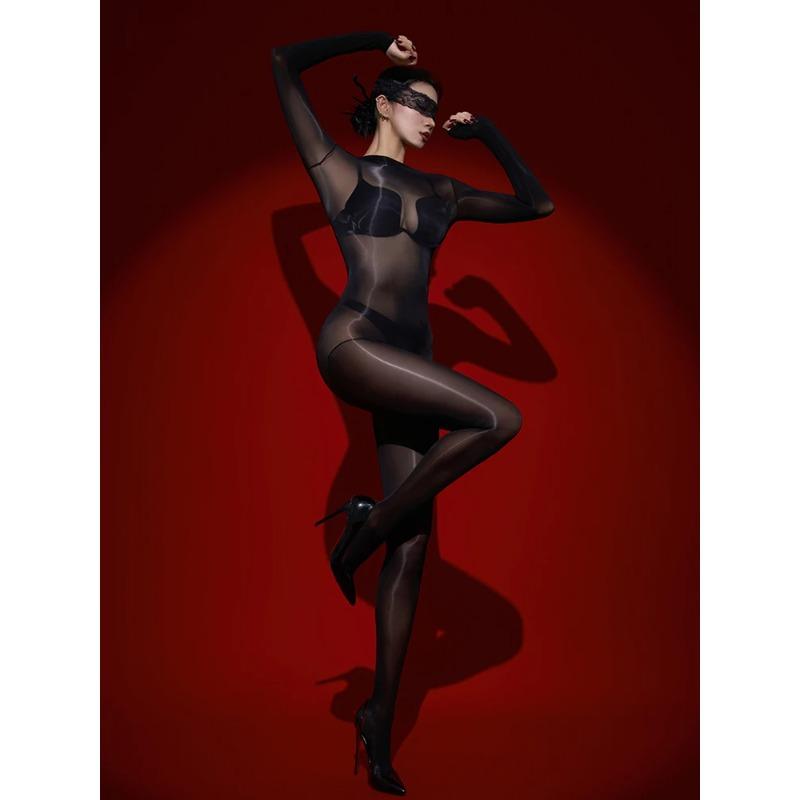 Sexy Maid Tights Glossy Elastic Bodysuit Sheer See Through Rompers One-Piece Jumpsuits Leotard Cosplay Sex Game Sm Toys Ootd