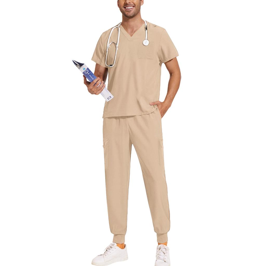 Men Quick Drying Fabric Solid Color V-neck Pocket Short Sleeved Pants Set Workwear