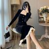 Vintage Velvet Black Bodycon Dress Women Retro Lace Wrap Evening Elegant Party Dresses Slim Fashion Spring