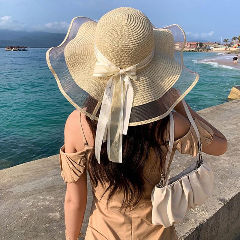 Fashion Flat-Topped Straw Hats Girls Wide Brim Sun Hat Outdoor Lace Bow Strap Lightweight Uv Protection Beach Cap