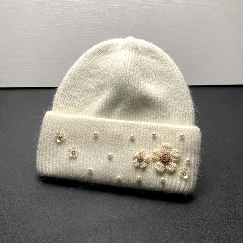 New Cute Flower Rabbit Wool Knitted Hat Autumn and Winter Thickened Warm Plush Fashionable Wool Hat Women Showing Their Face Cold Hat