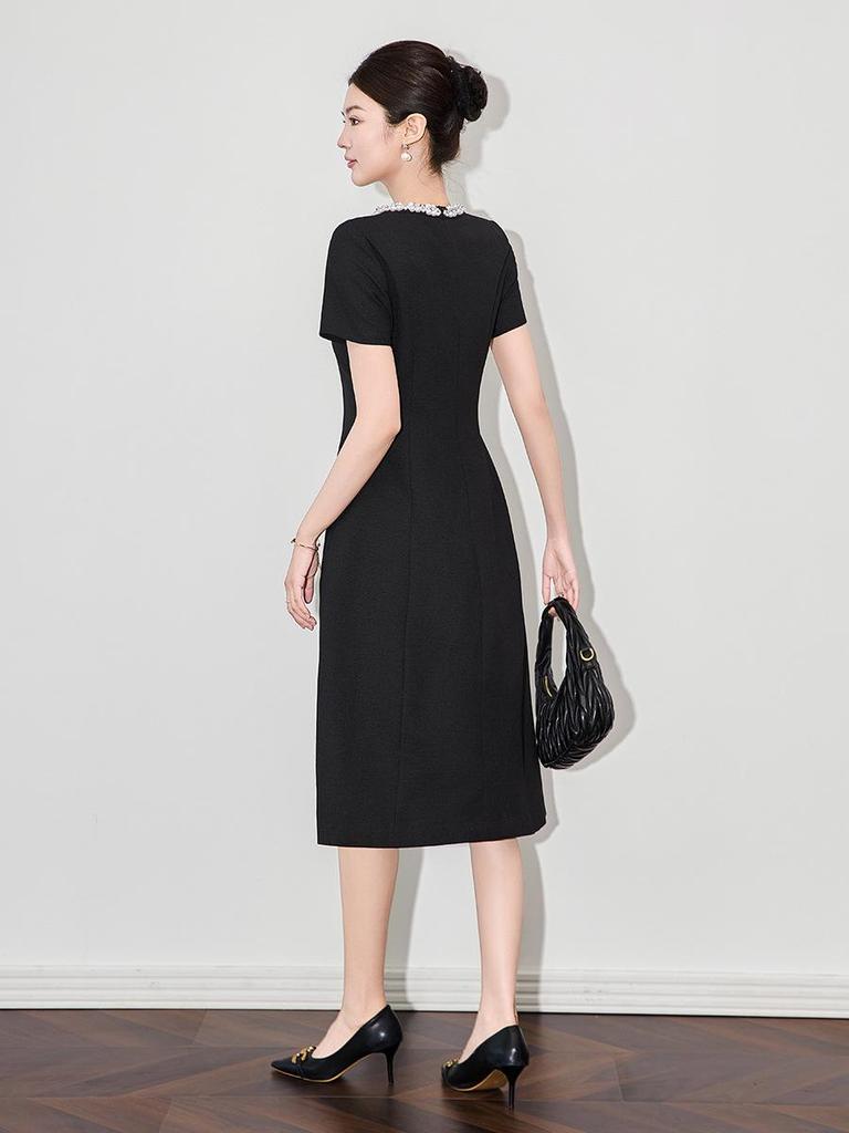 Elegant Beaded Checkered Waist-Hugging Dress for Women