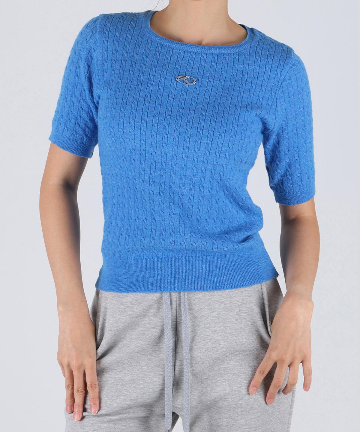 Poder Fit Logo Cable Knit Semi-Crop Short Sleeve Knit_Cobalt Free (Ft39)