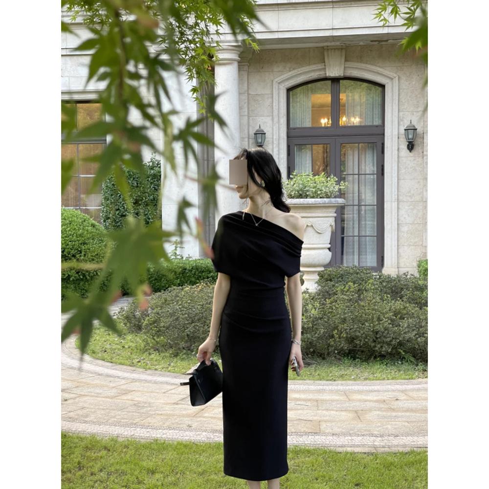 Off-Shoulder Sexy Waist Temperament Pleated Dress Women's Summer Small Dress Long Dress Dress Clothes