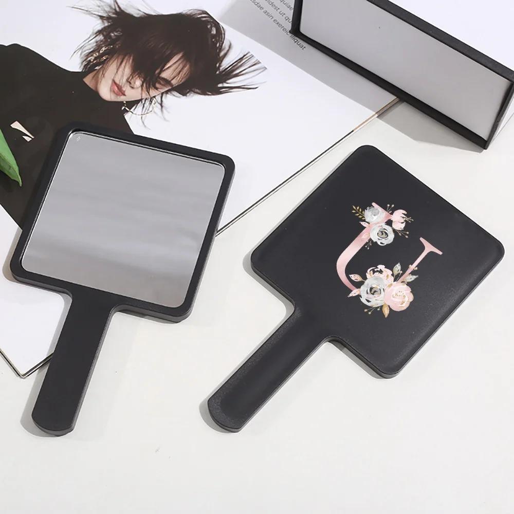 1pc Square Handheld Women Travel Makeup Mirror Chic Handle Dual-Use Desktop Personalized Gift Initial Name 26 Letters Pattern