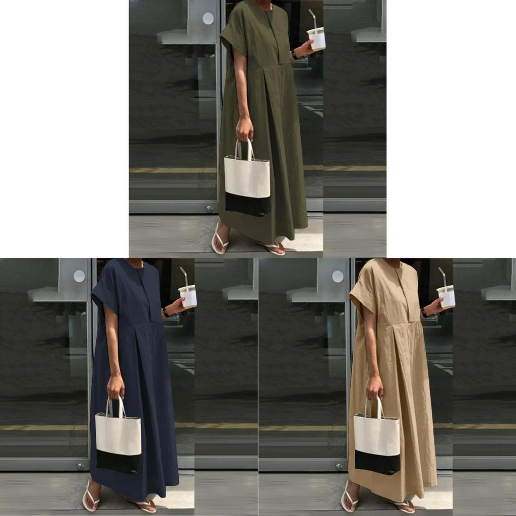 Cotton Linen Casual Long Dress With Round Neck And Short Sleeves For Summer Wear