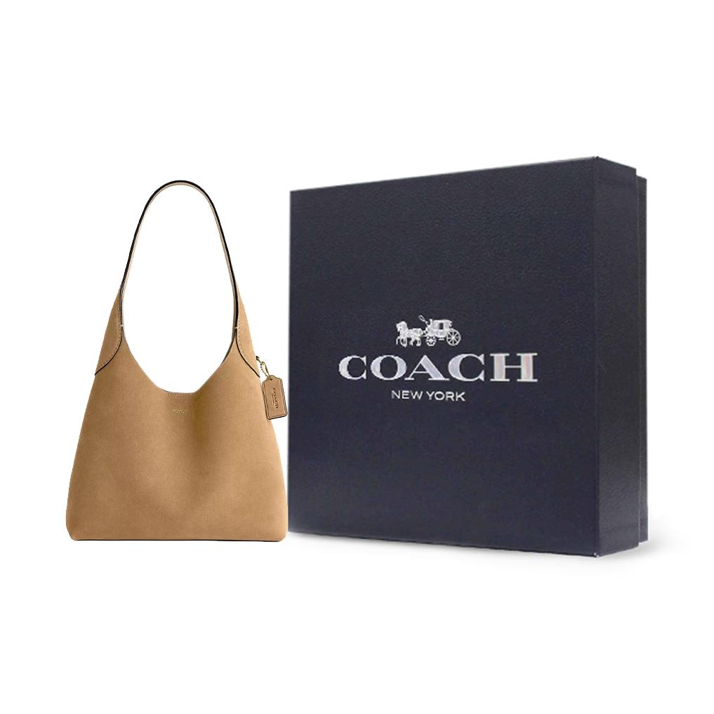 Coach Borsa Tote Brooklyn 28 con Placca Logo in Pelle Scamosciata Donna Borsa Tote Beige CW637-B4SN