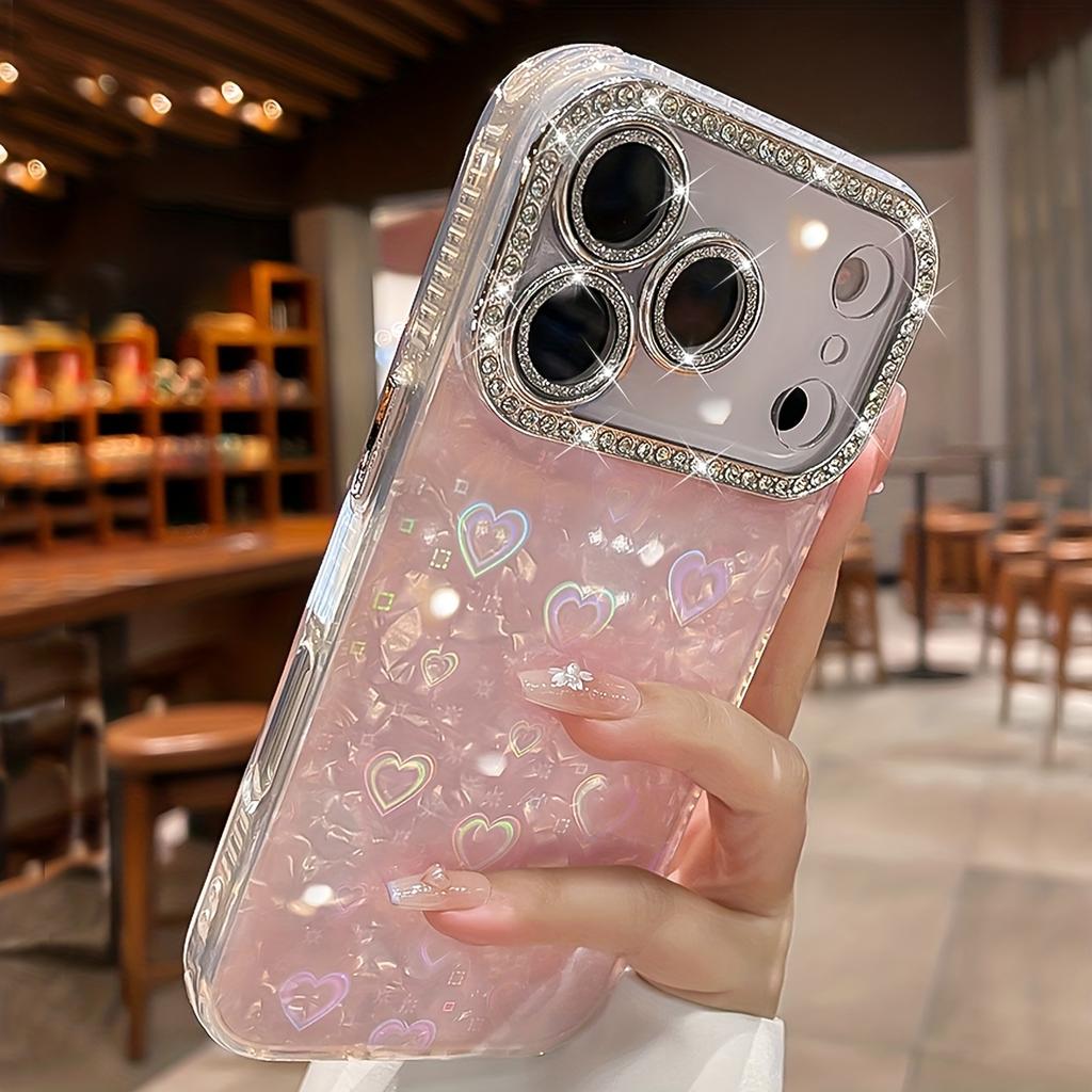 Elegant Glitter Crystal Love Laser shell pattern Phone Case For iphone 17 Air 16 15 14 Plus 13 12 Pro Max Soft Lens film Cover