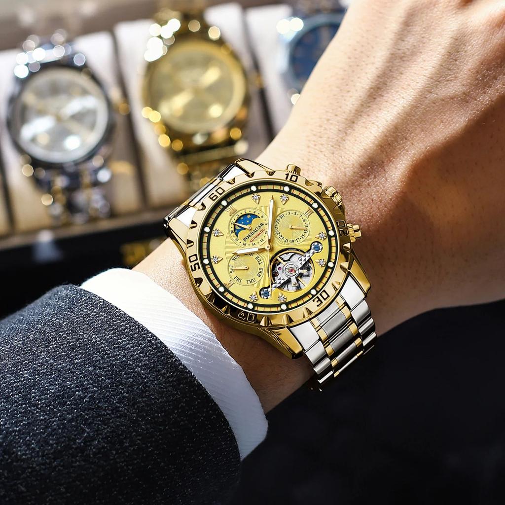 Top Luxury Automatic Mechanical Watch Tourbillon Waterproof Luminous Date Week Men Wristwatch Chronograph Stainless Steel Men's Watches