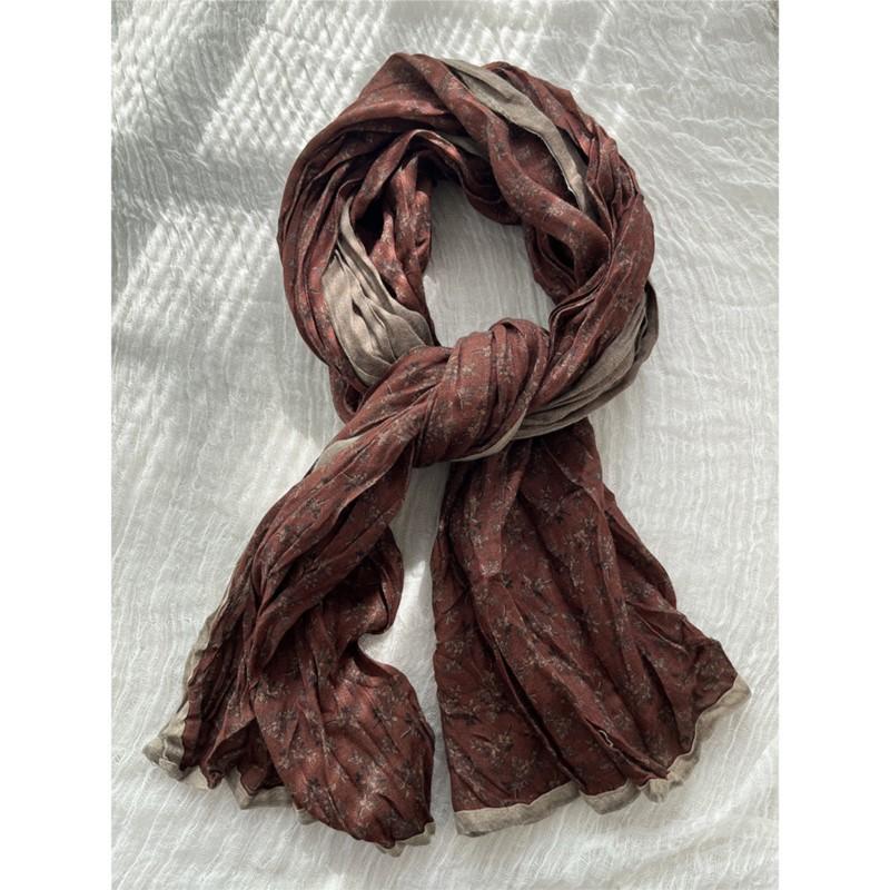 Johnature Floral Edging Scarf Women Retro Japanese Versatile Pleated Shawl Four Seasons Decorative Scarf Women