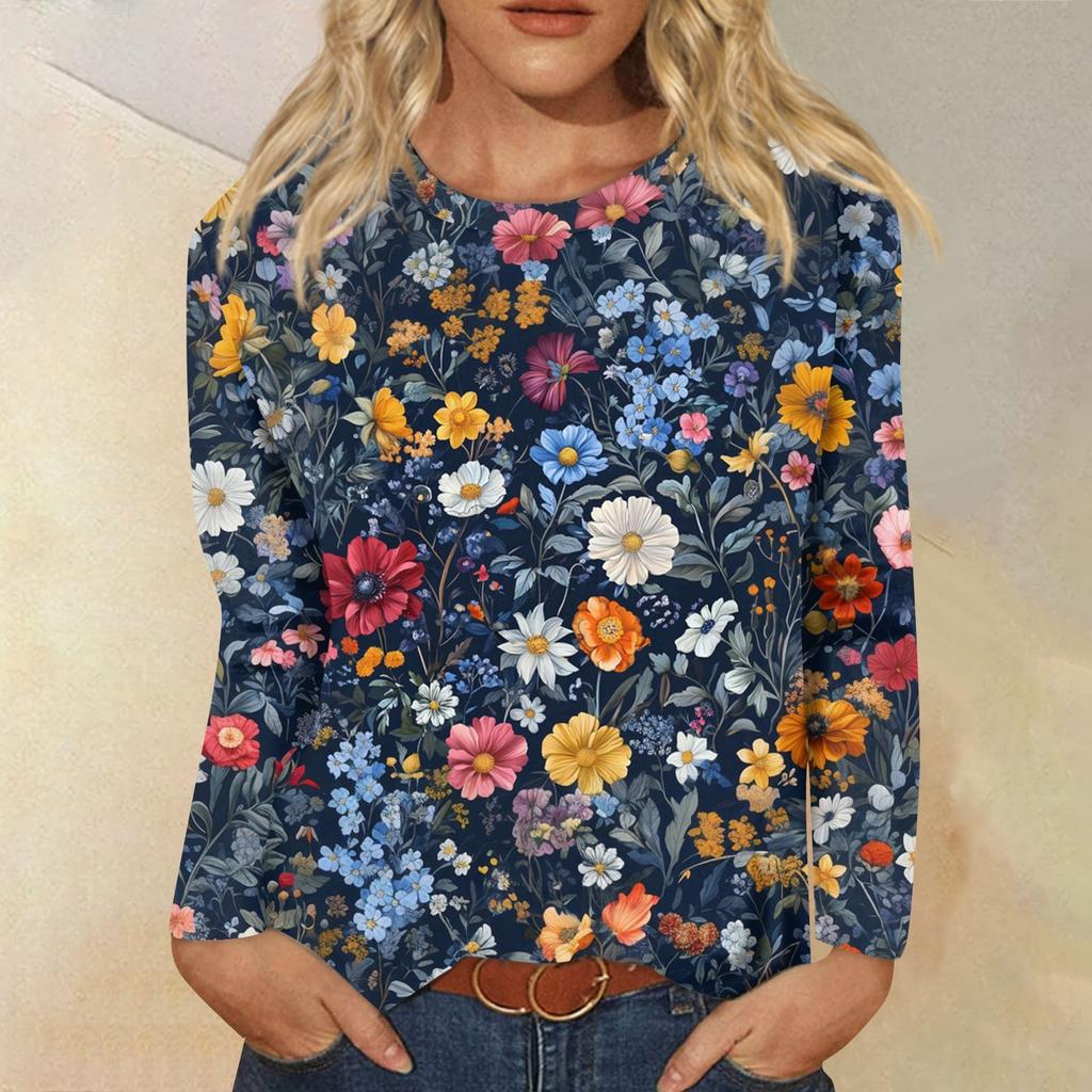 Women's Fashion Casual Long Sleeve  Print Round Neck Top