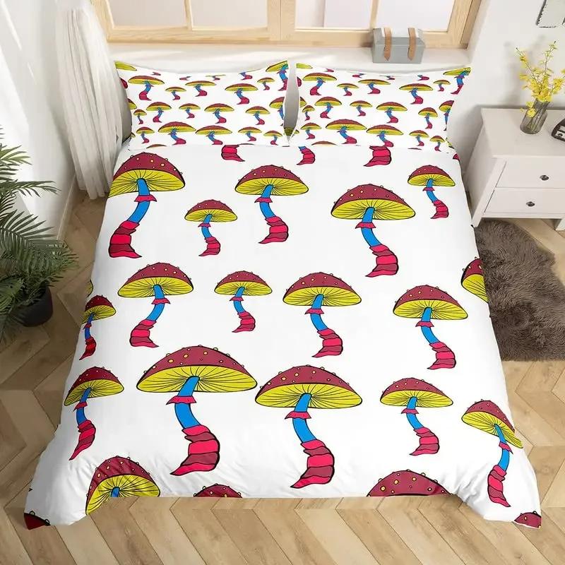 Cute Mushroom Duvet Cover Set Microfiber Hippie Theme Exotic Plant Mushrooms Bedding Set Kawaii Fungus Comforter Cover Twin King