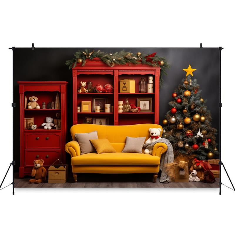 Mocsicka Indoor Christmas Home Photography Backdrop Child Birthday Photo Background Xmas Tree Bear Gifts Sofa Party Decor Banner