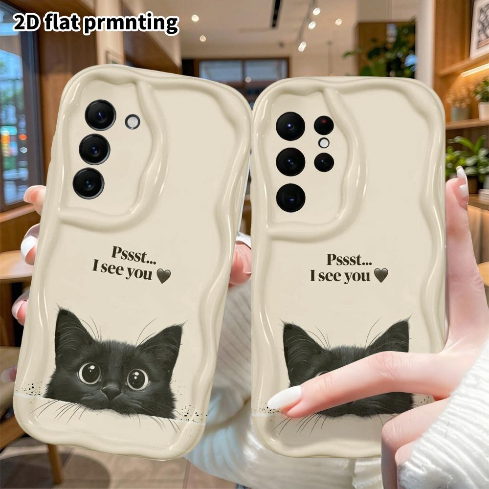 Phone Case: 2D Flat Samsung Galaxy A34 A35 S20 S22 S21 FE Plus Ultra Case, Peek-a-Boo Little Black Cat, Christmas and Halloween Gift