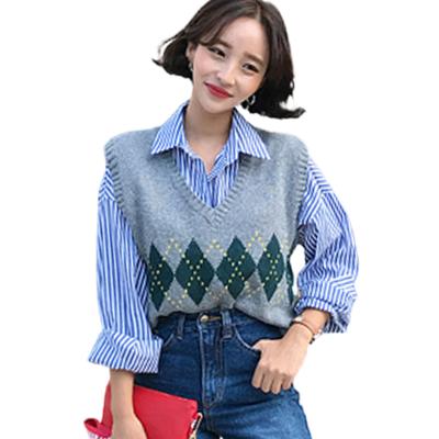 Spliced Sweater Vest Women V-Neck Casual Vintage Pullover Knitted Sweater Soft Loose Sleeveless Top