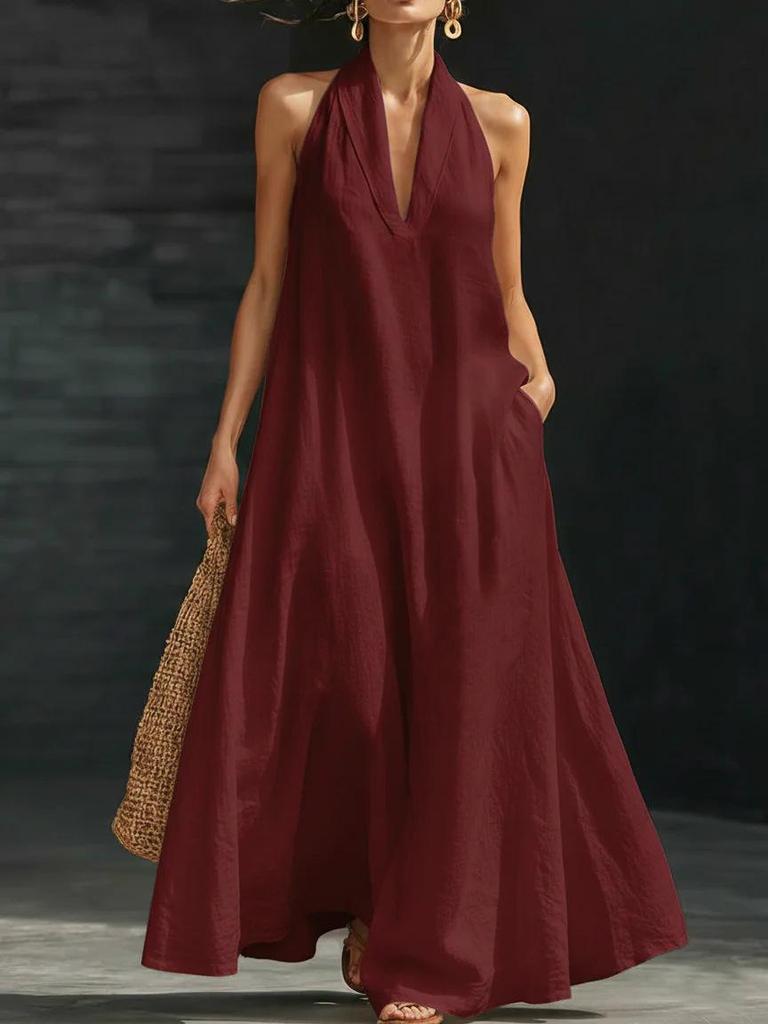 Sommerkleid 2026 für Damen, einfarbig, mit V-Ausschnitt – Freizeitmode im europäischen und amerikanischen Stil