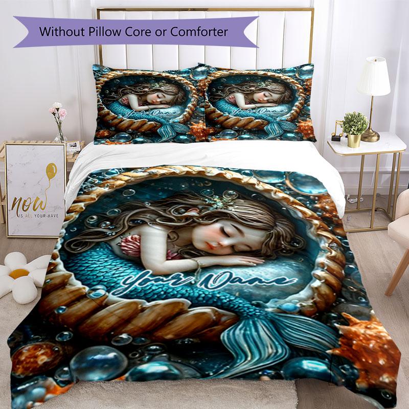 3pcs Custom Name Mermaid Dreams Underwater Bedding Set Printed Bedding Set Duvet Cover Closure Includes 1 Duvet Cover & 2 Pillowcases Bedroom Decor
