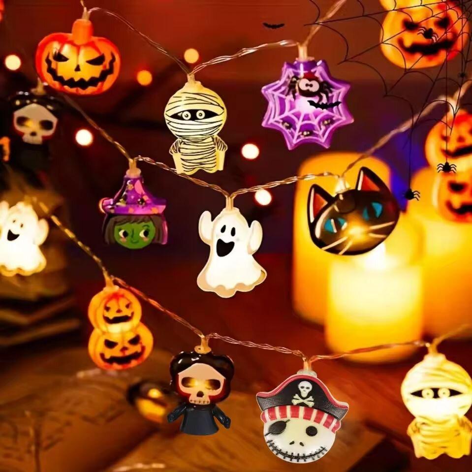 1PC Halloween 8 Elements LED String Lamp Battery Powered Horror Atmosphere Lighting With Ghost Witch Cat Pumpkin Spider Skeleton