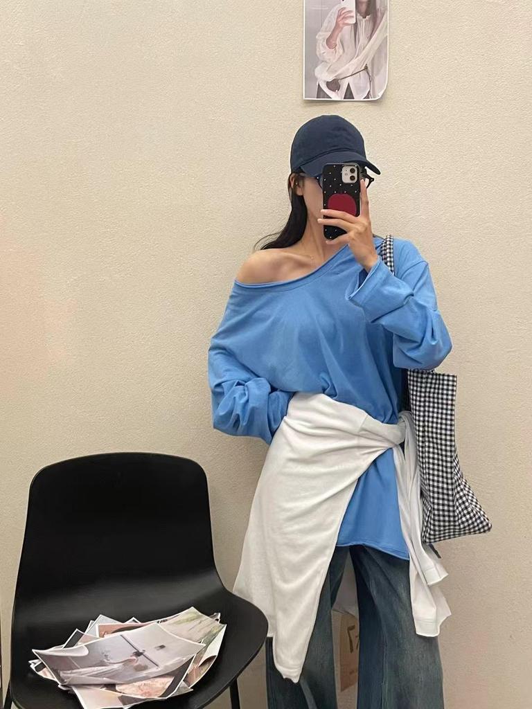 Da 7 Women's Spring Loose Plus Size Off-Shoulder U-Neck Long Sleeve T-Shirt