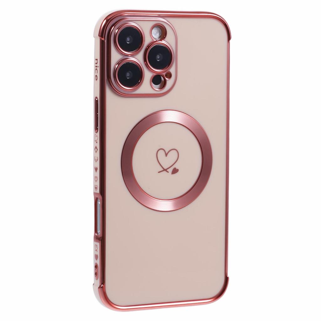For iPhone 16 Pro Max Case Compatible with MagSafe Electroplated Love Hearts TPU Phone Cover with Chain Strap
