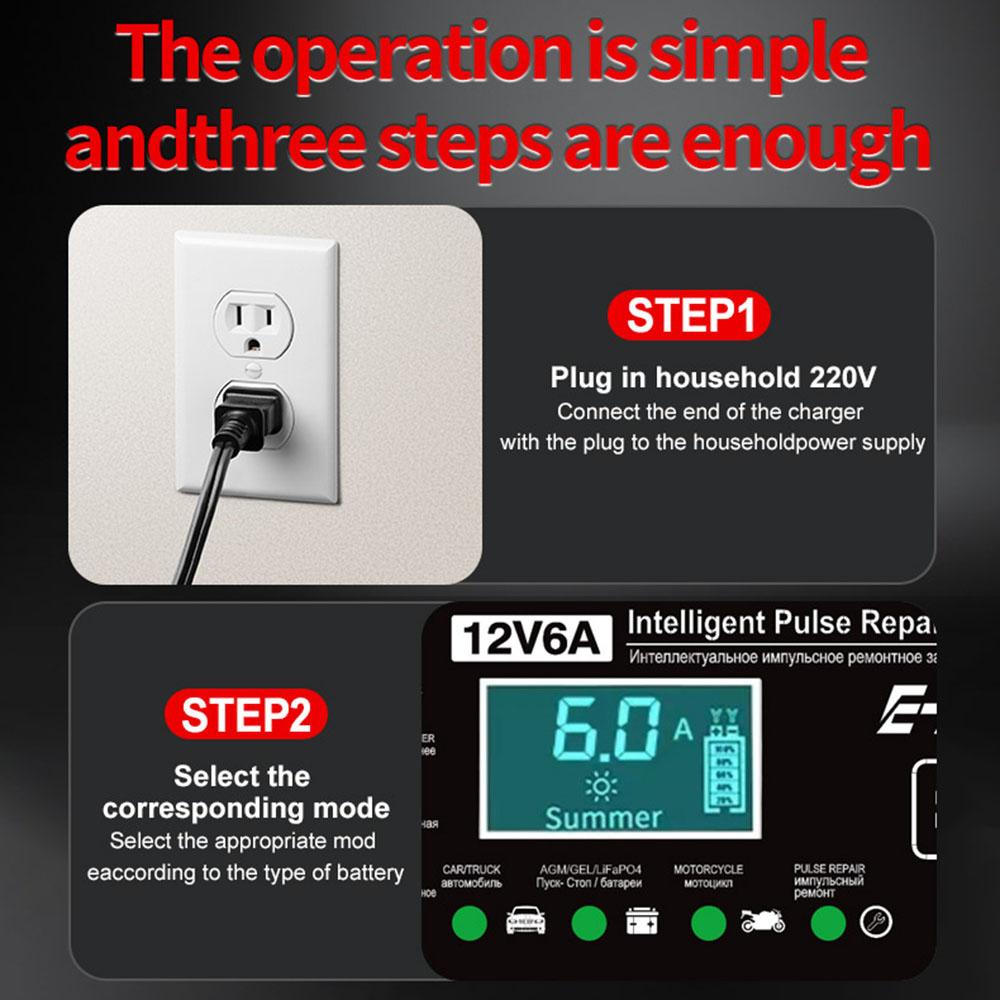Voltage Temperature Detection 12V 6A Car Battery Charger Multiple Protection Digital LCD Display For Car SUV Motorcycle Truck Intelligent Pulse Repair