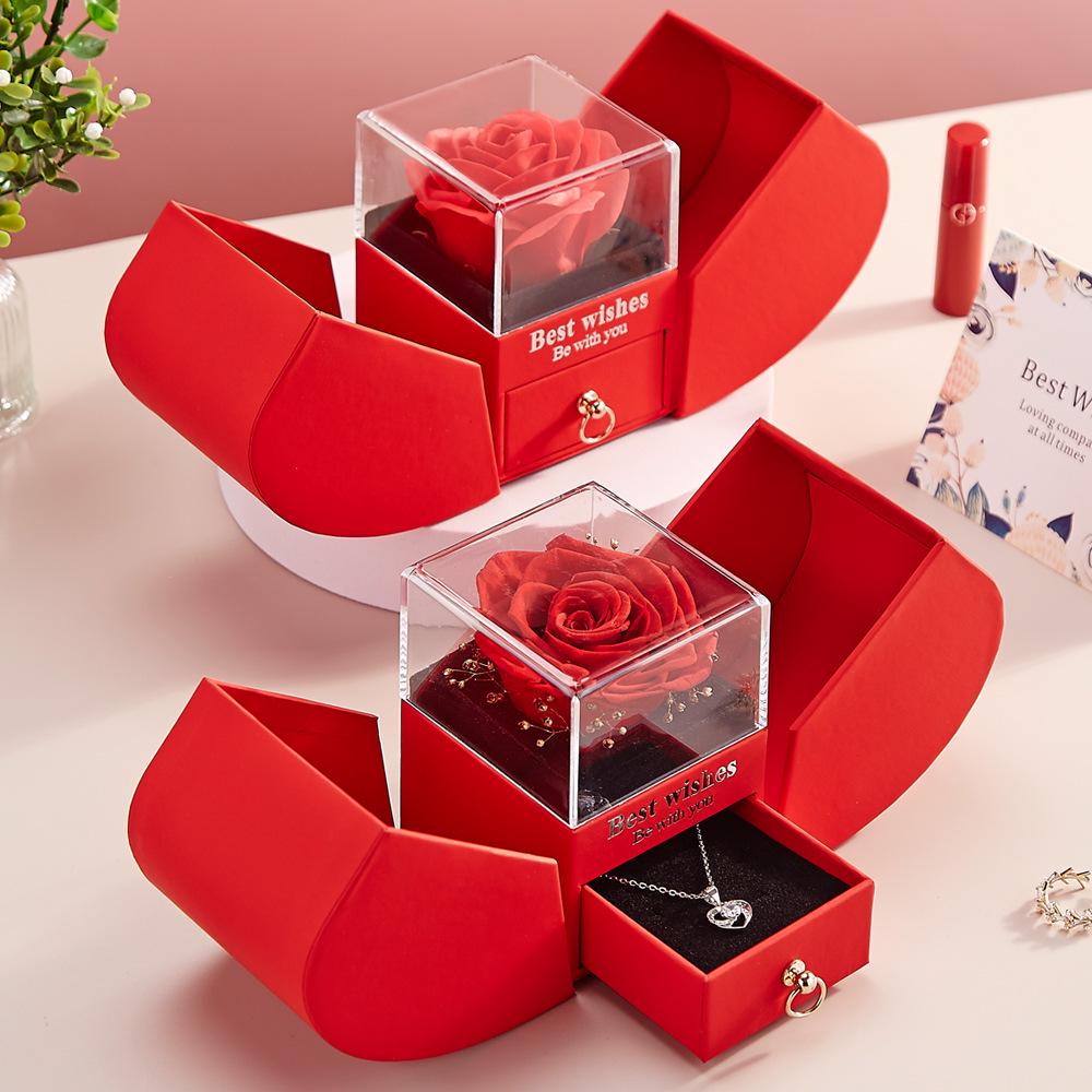 Caja de Regalo de Collar y Anillo Acrílicos Corazón Rosa de Apple – Regalo de San Valentín para Amigos
