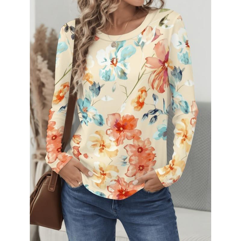Vintage Floral 3D Print Women's Crew Neck Long Sleeve T-Shirts Comfortable Fashion Tops Tee Y2k Clothes Harajuku Female Clothing