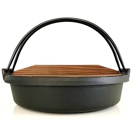 Made in Japan, Nanbu Ironware Sukiyaki and Gyoza Pot with Handle and Wooden Lid, 24cm Inner Diameter, IH Compatible