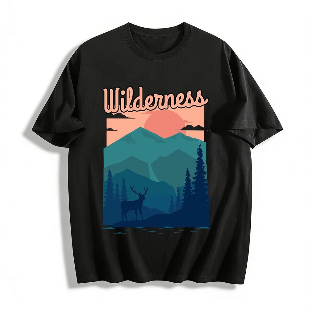 

Wilderness Mountain Deer Print Casual Outdoor Breathable T-Shirt Pure cotton T-shirt XXS