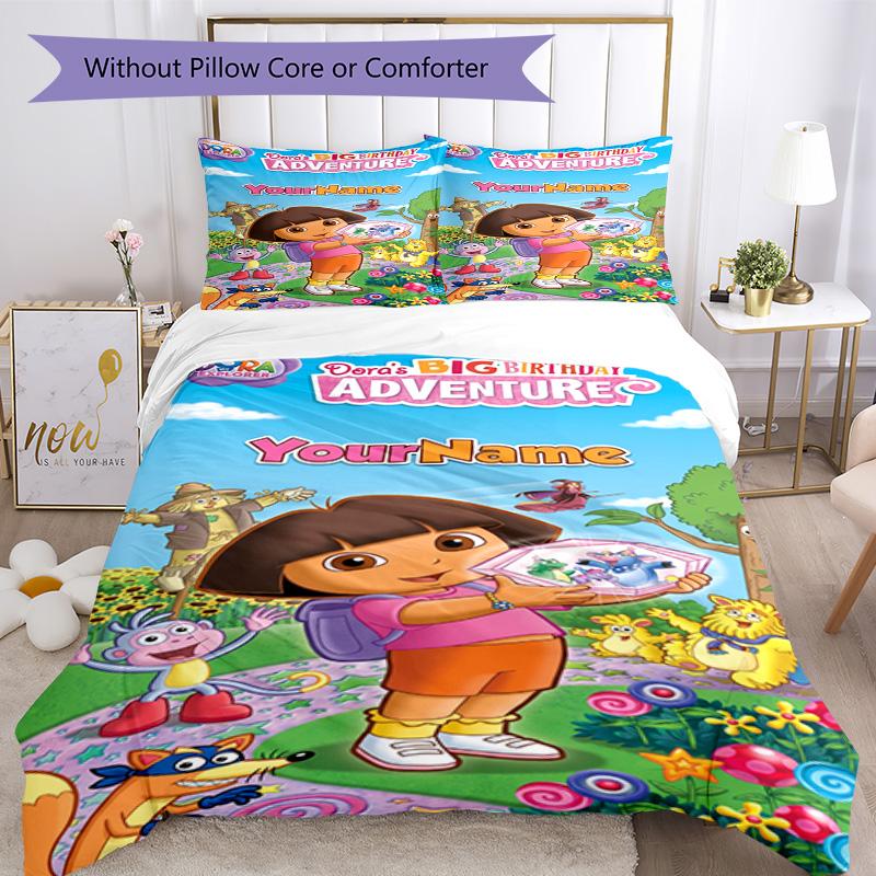 Dora Explorer Customize Your Name Bedding Set Breathable Duvet Cover with Pillowcases Home Decoration Birthday Gift