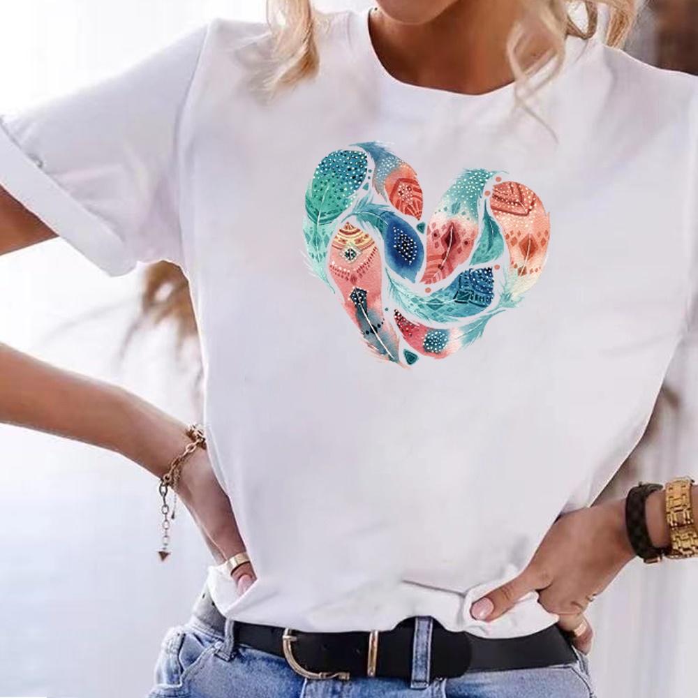 Lässiges lockeres Street-Outfit Sommer 3D-T-Shirt neues Federdruck Kurzarm-Oberteil Damen-T-Shirt Rundhals-Pullover O-Ausschnitt