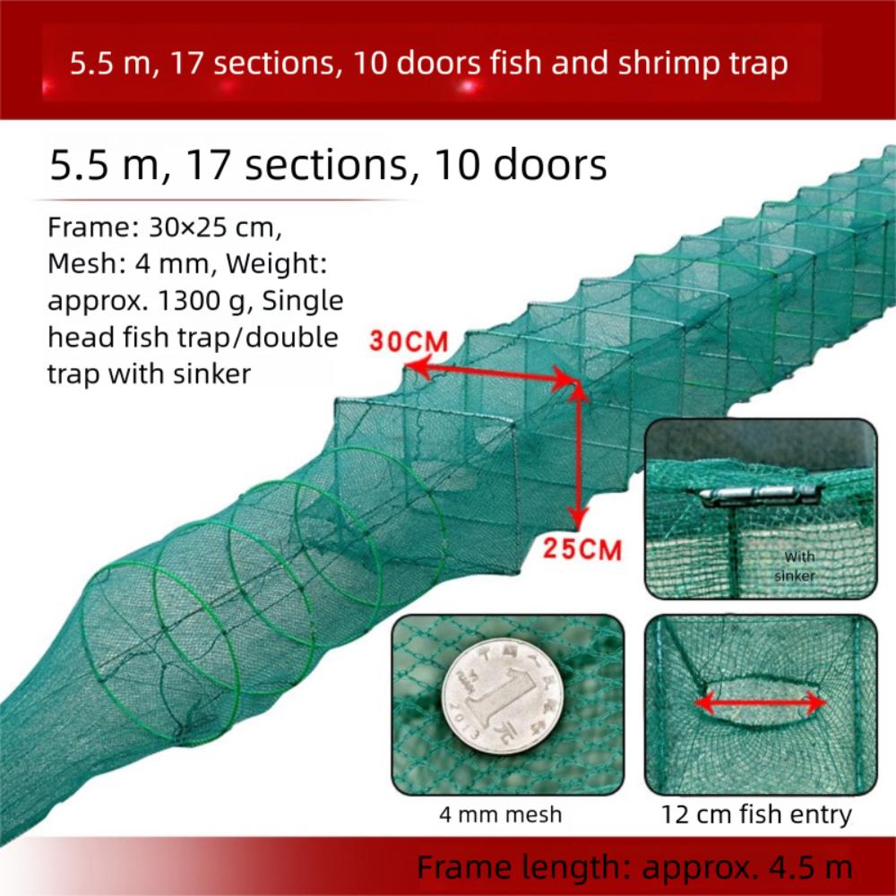 Durable Nylon Mesh Magic Fishing Trap Black Foldable Fishing Net 17 Section+10 Holes Easy Throw Crab Baits Trap Outdoor