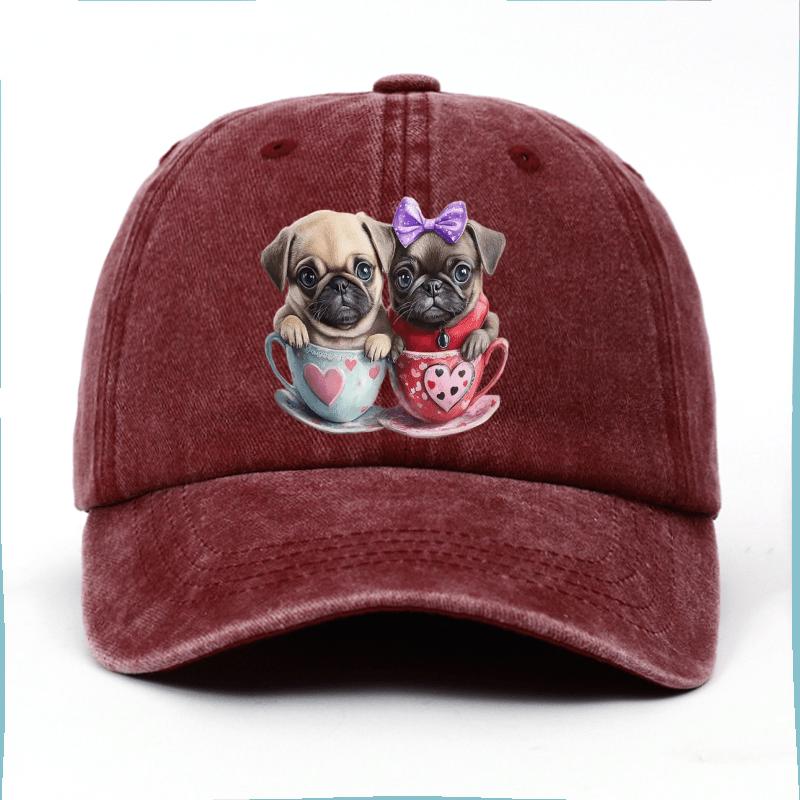 Cute Pug Puppies in Teacups Print Adjustable Baseball Cap Denim Casual Hat for Unisex