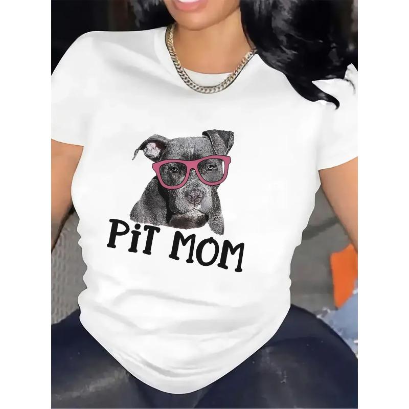 Women's Pit Mom & Pitbull Graphic Print Crew Neck Short Sleeve Casual Lightweight Tee