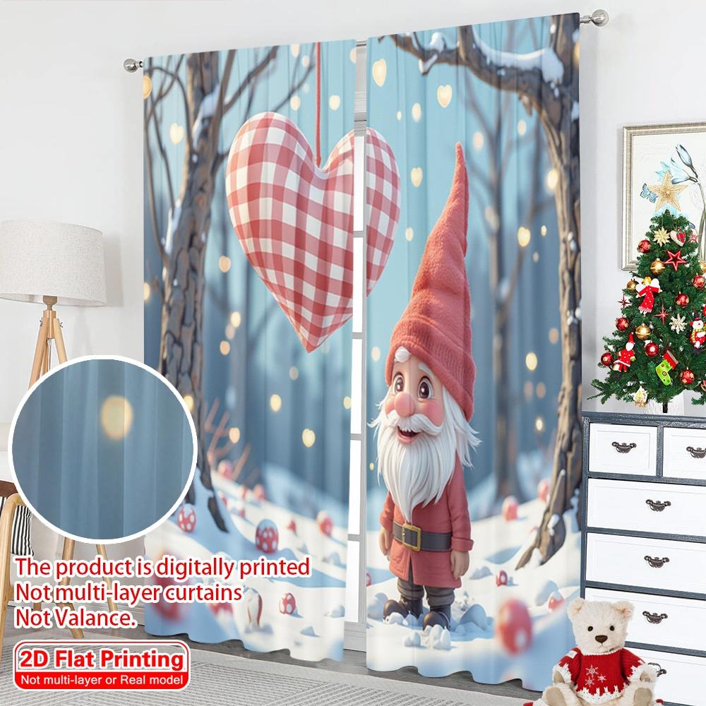 2pcs 2D Flat Printing Merry Christmas Popular Curtain Gnome Heart Winter Holiday Romance 100% Polyester Without Electricity