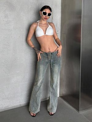 2026 Retro Rivet Lace-up Slimming Straight-Leg Women's Jeans