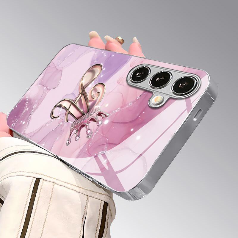 2D Crown Letter Pattern Phone Case for Samsung S26 S25 S24 S23 S22 S21 S20 A56 A36 A16 - Electroplated Glass Protective Cover