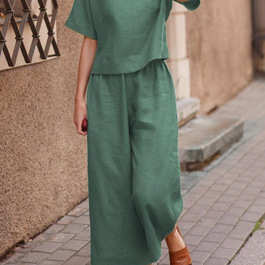 2023 European & American Women's Linen Casual Loose Solid Color Two-Piece Set