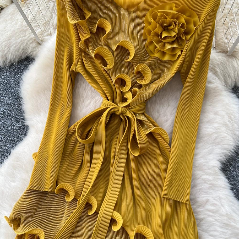 Autumn Winter Women Elegant 3D Flower Ruffles Miyake Fold Christmas Party Oversized Loose Lace-up Dresses