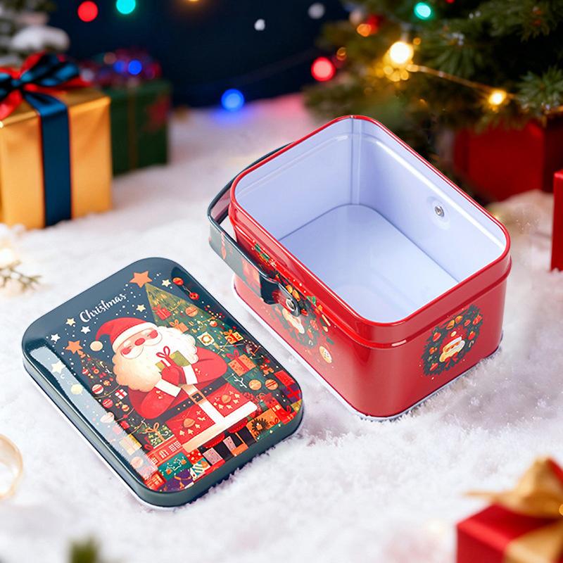 1 Pcs Christmas Gift Box With Handle Tinplate Candy Cookie Packaging Box Containers Kids  Year Gift Decor Xmas Party Supplies