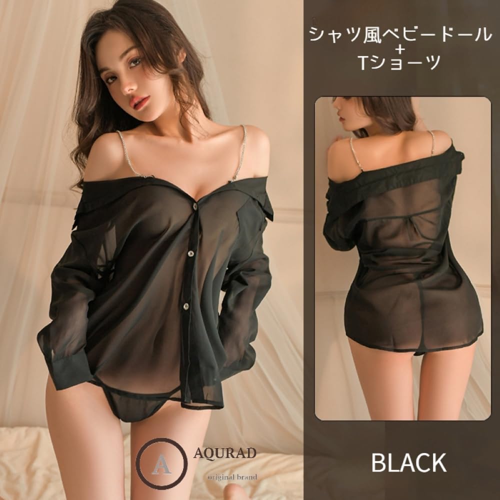 Babydoll Boyfriend [AQURAD] Loose-fitting Silhouette, Shirt-like, Off-the-shoulder, Pajamas, Straps, Bejeweled, Nightwear, Shirt-like, Loungewear,